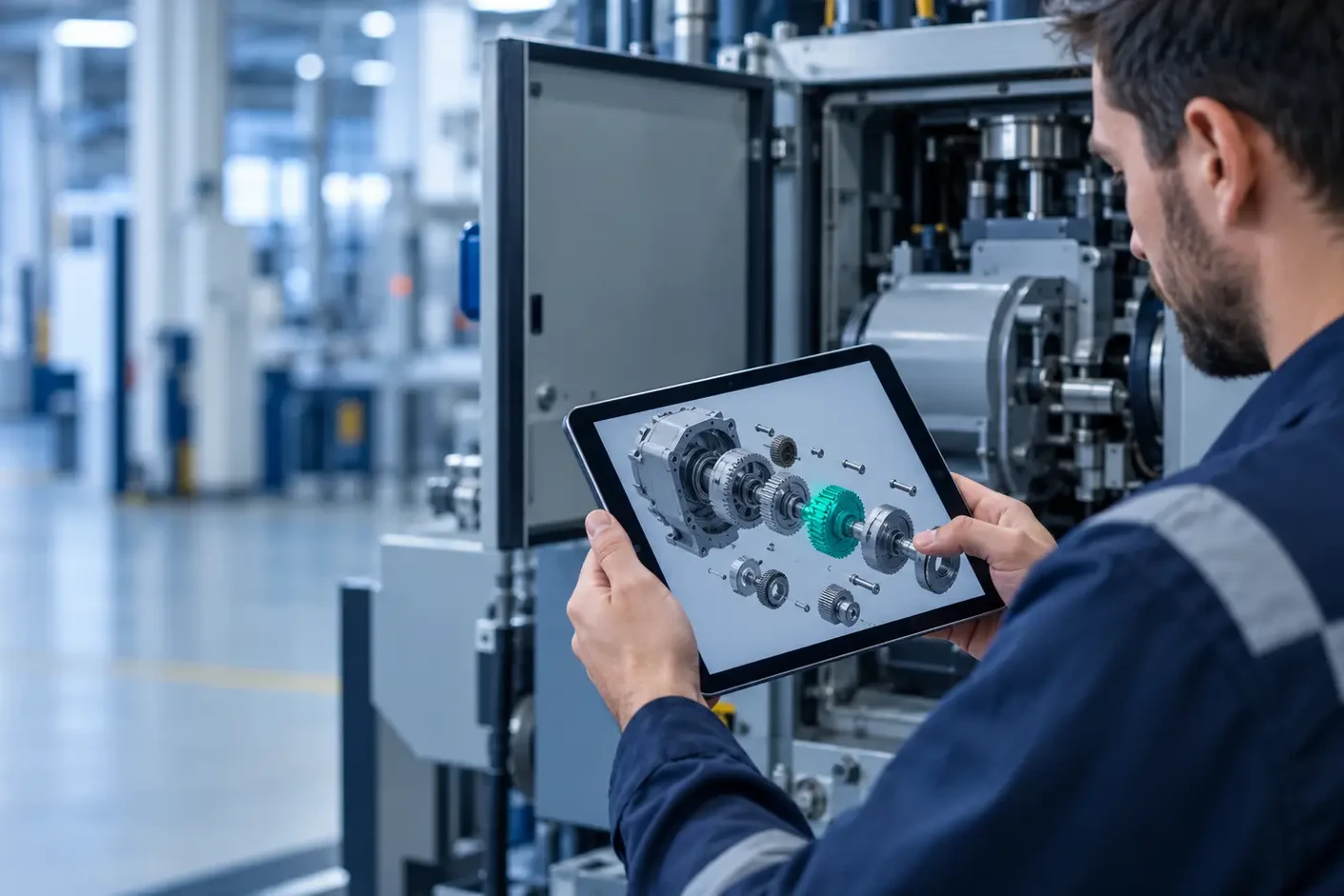 Maintenance technician identifying a spare part on a tablet using an interactive 3D model of an industrial machine
